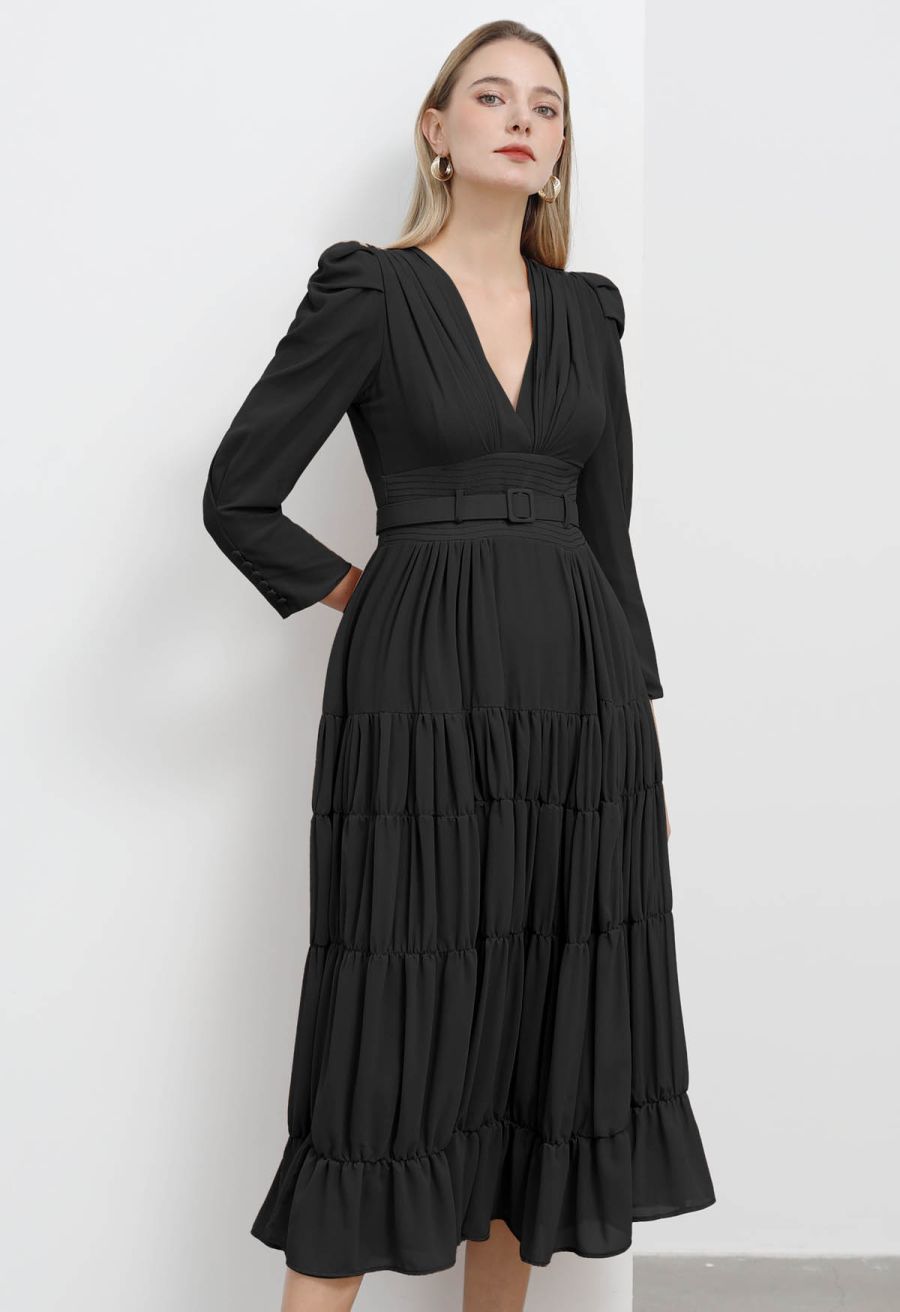 V-Neck Shirred Tiered Belted Chiffon Dress in Black