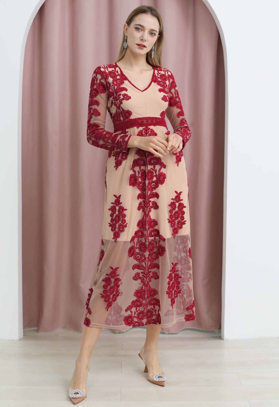 V-Neck Floral Embroidered Mesh Maxi Dress in Wine