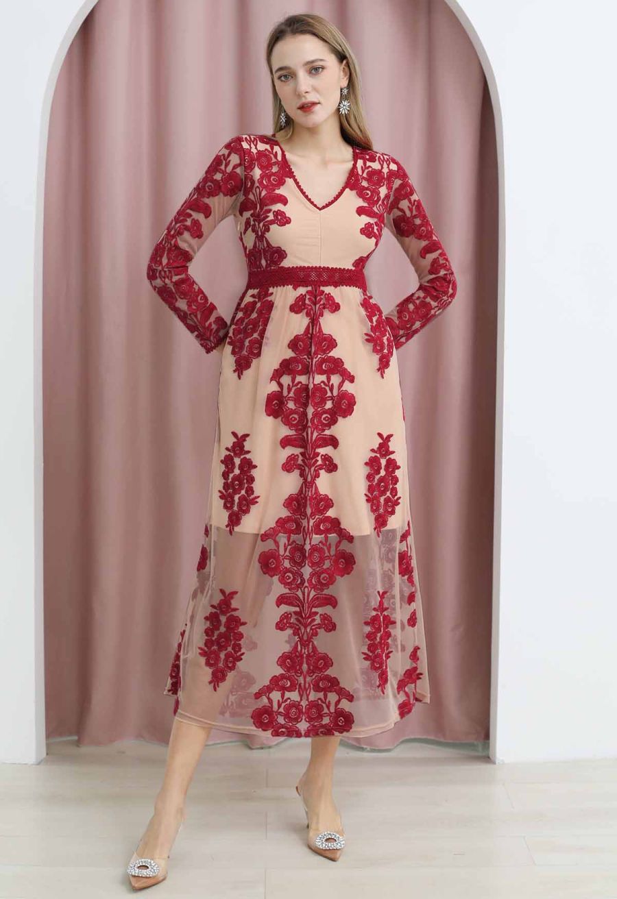 V-Neck Floral Embroidered Mesh Maxi Dress in Wine