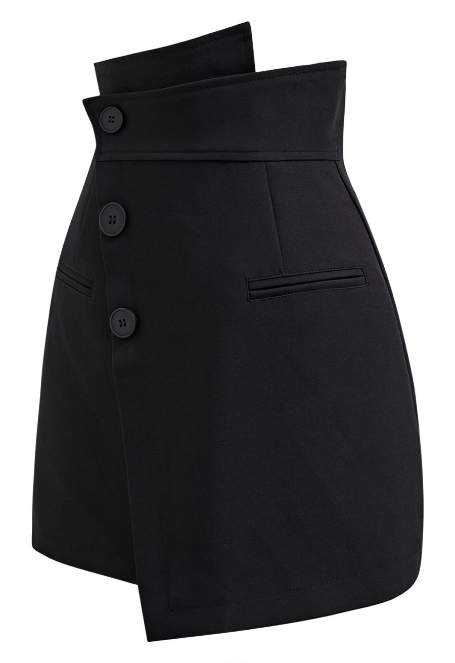 Asymmetric Buttoned Flap Mini Skirt in Black