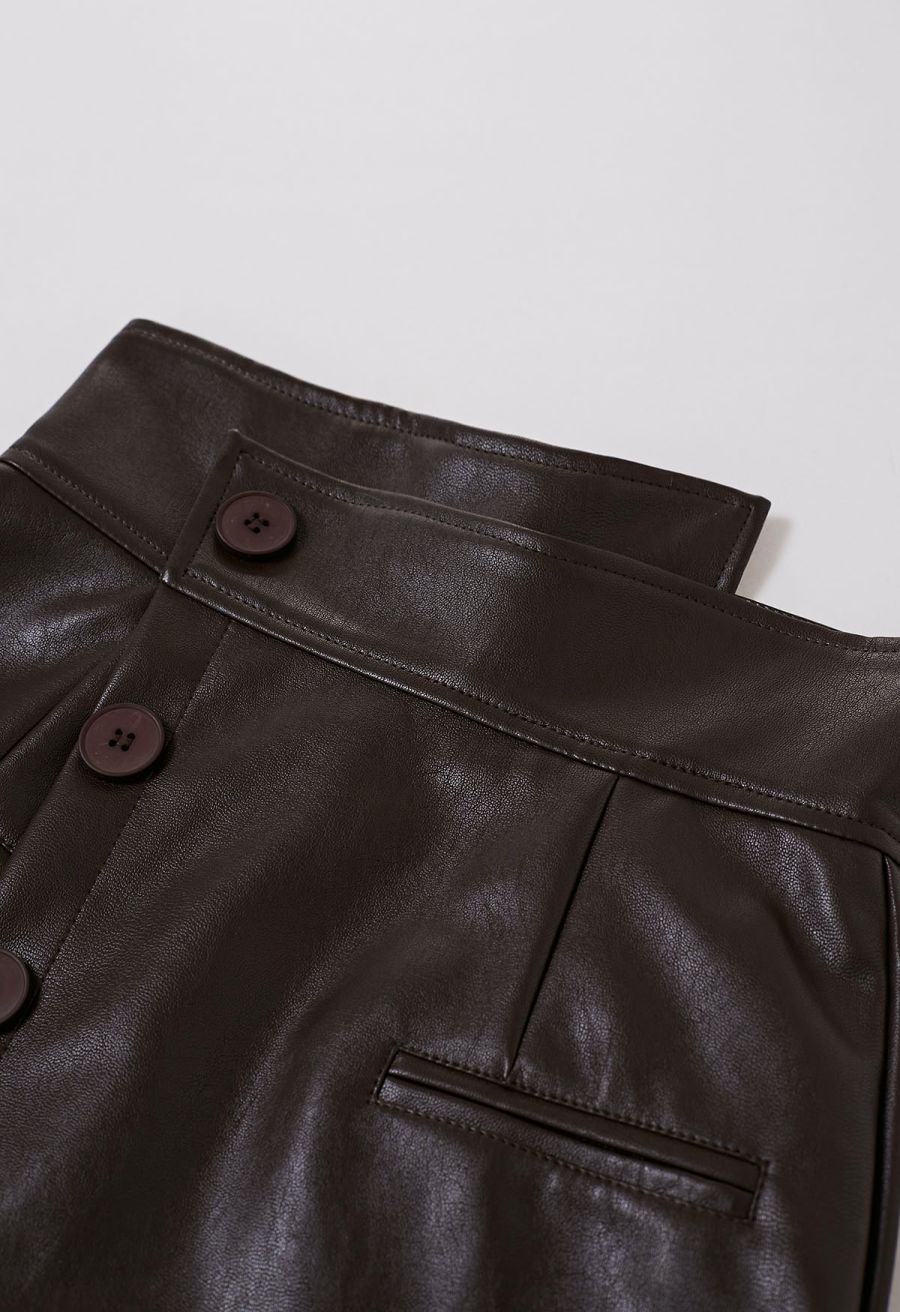 Faux Leather Asymmetric Buttoned Flap Mini Skirt in Brown