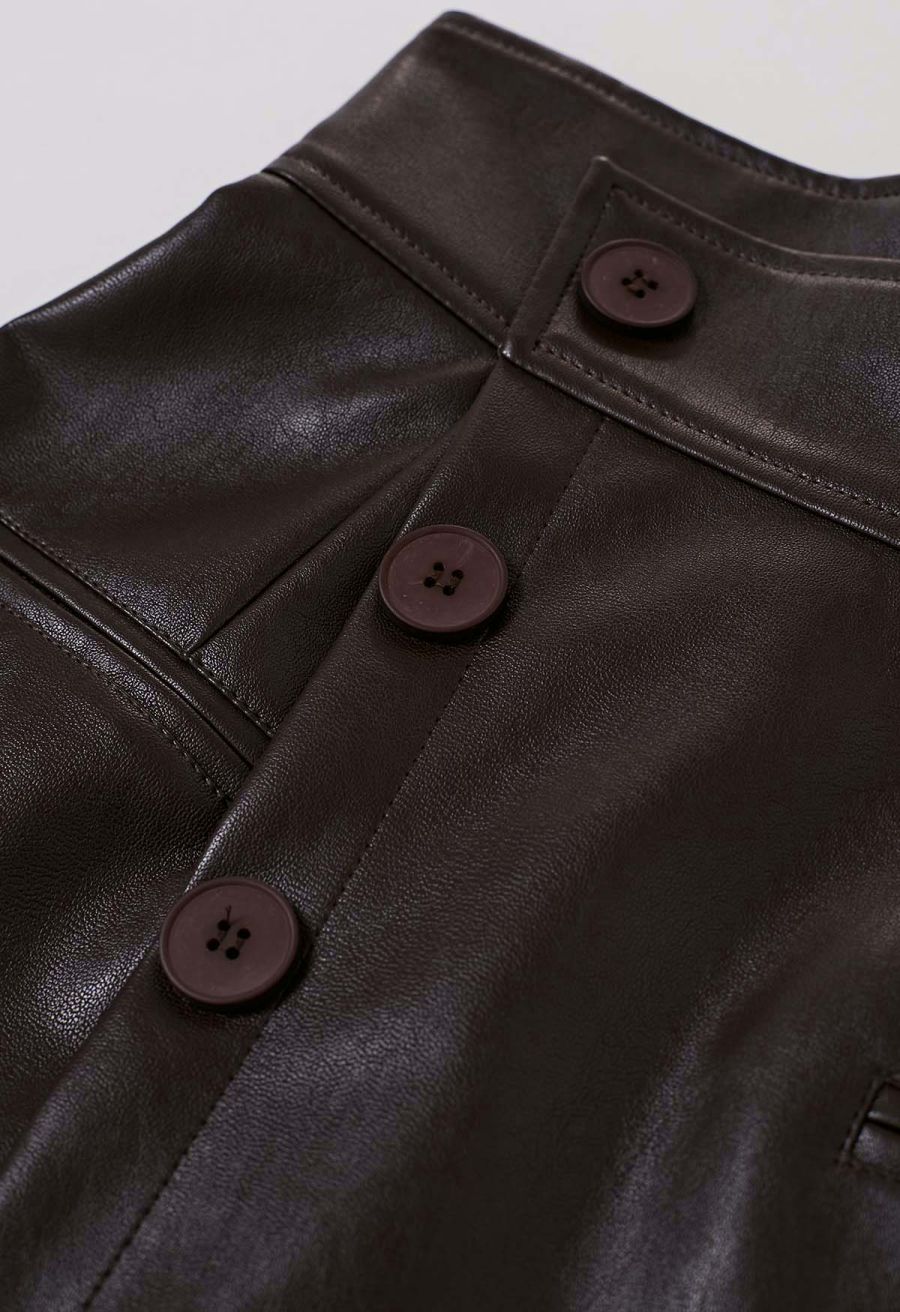 Faux Leather Asymmetric Buttoned Flap Mini Skirt in Brown