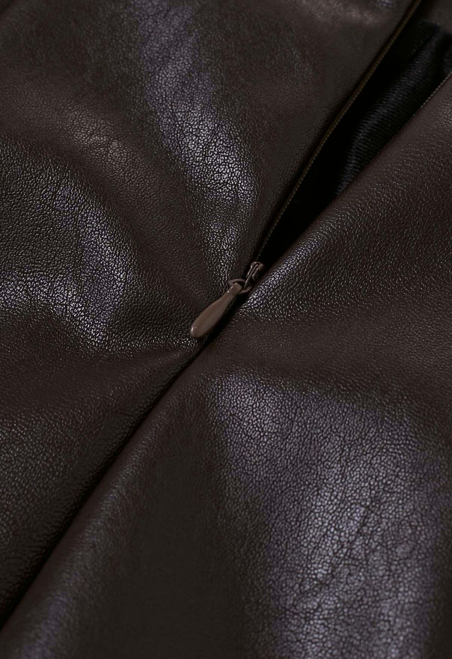 Faux Leather Asymmetric Buttoned Flap Mini Skirt in Brown