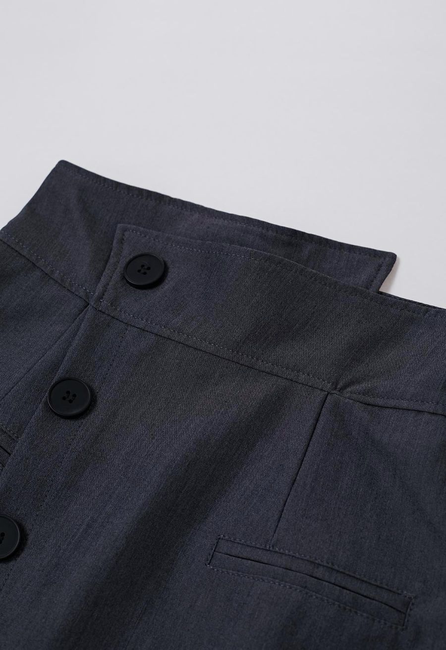 Asymmetric Buttoned Flap Mini Skirt in Smoke