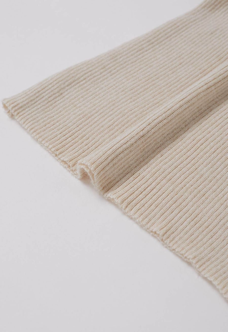 Mesh Inserted Side Bowknot Fitted Knit Top in Oatmeal