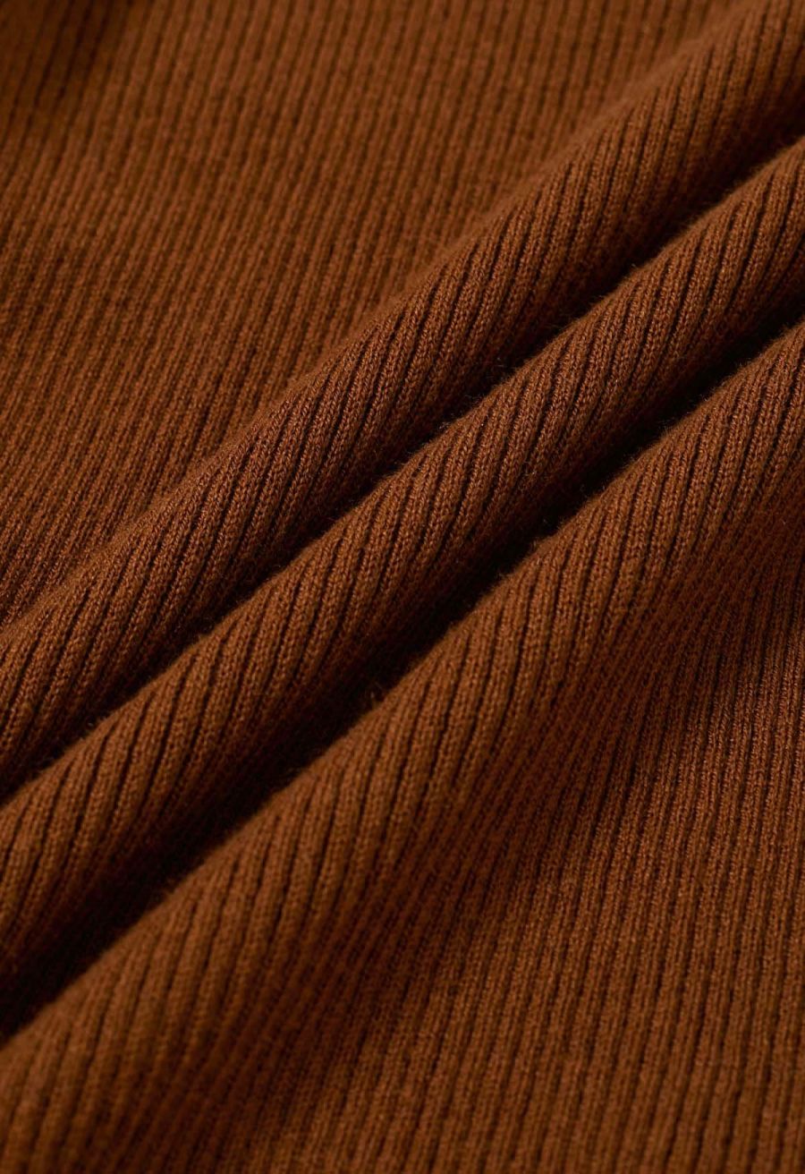 Mesh Inserted Side Bowknot Fitted Knit Top in Caramel