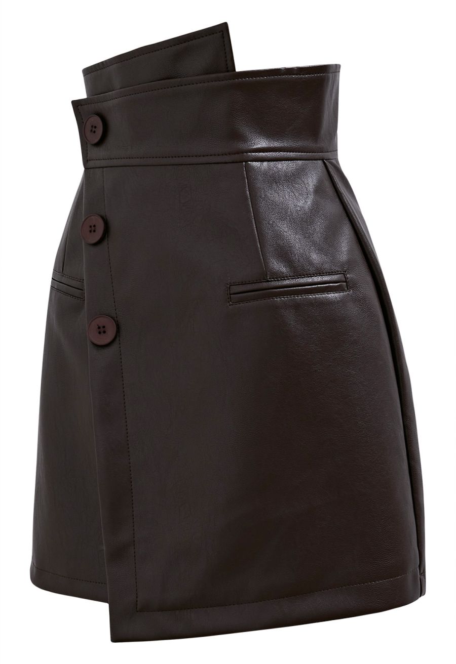 Faux Leather Asymmetric Buttoned Flap Mini Skirt in Brown
