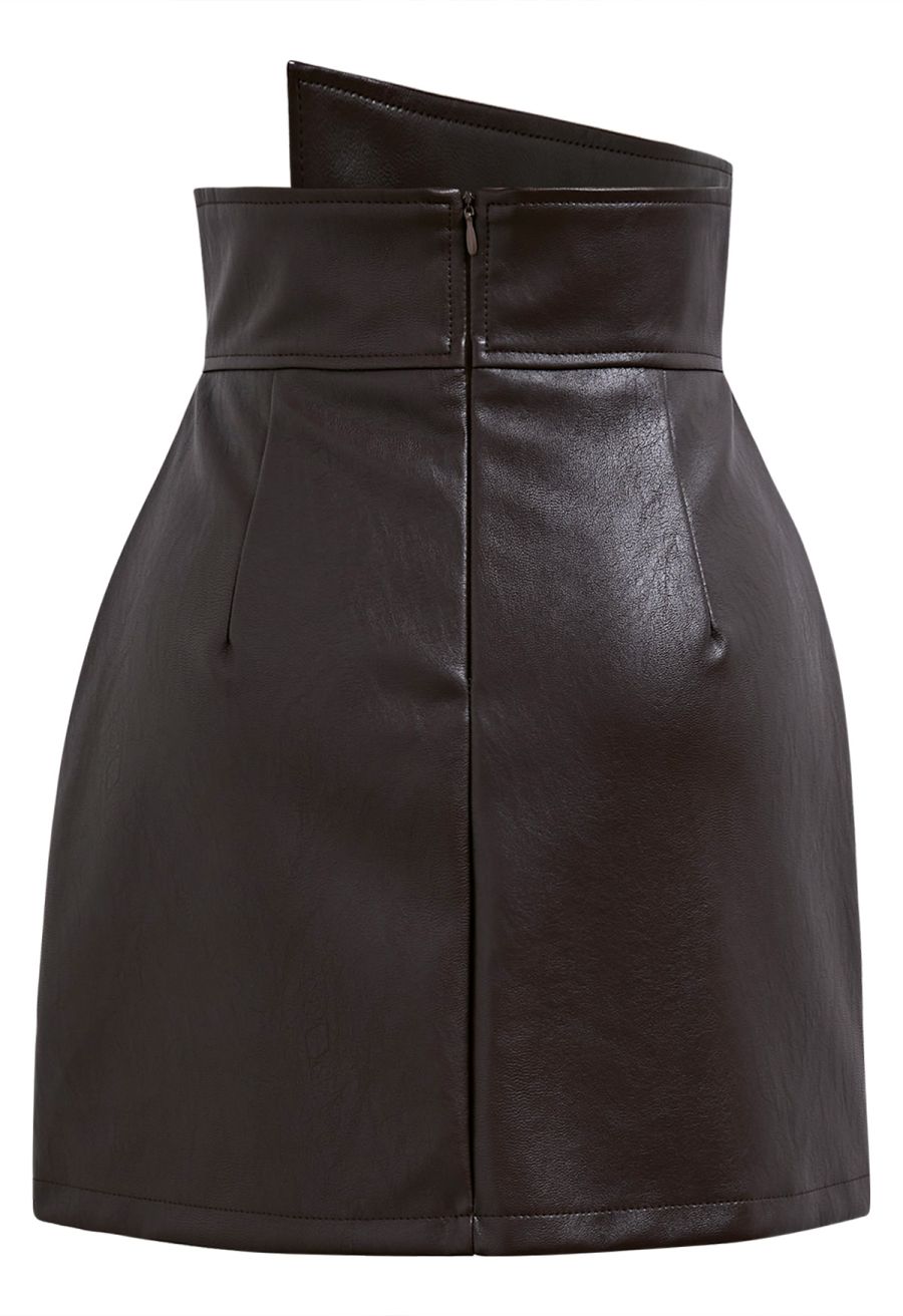 Faux Leather Asymmetric Buttoned Flap Mini Skirt in Brown