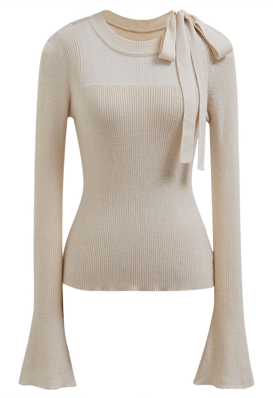 Mesh Inserted Side Bowknot Fitted Knit Top in Oatmeal
