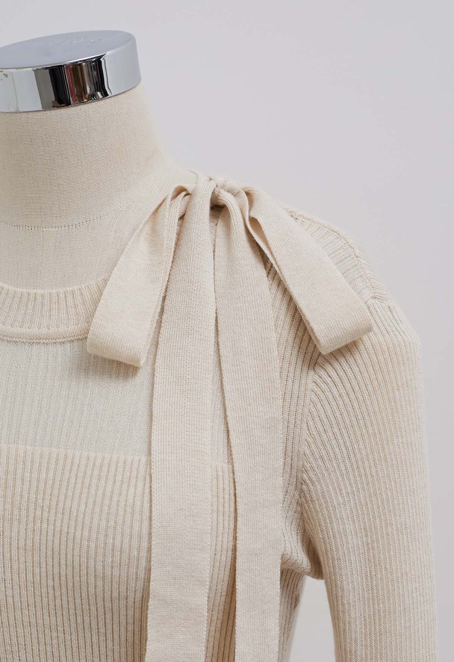 Mesh Inserted Side Bowknot Fitted Knit Top in Oatmeal