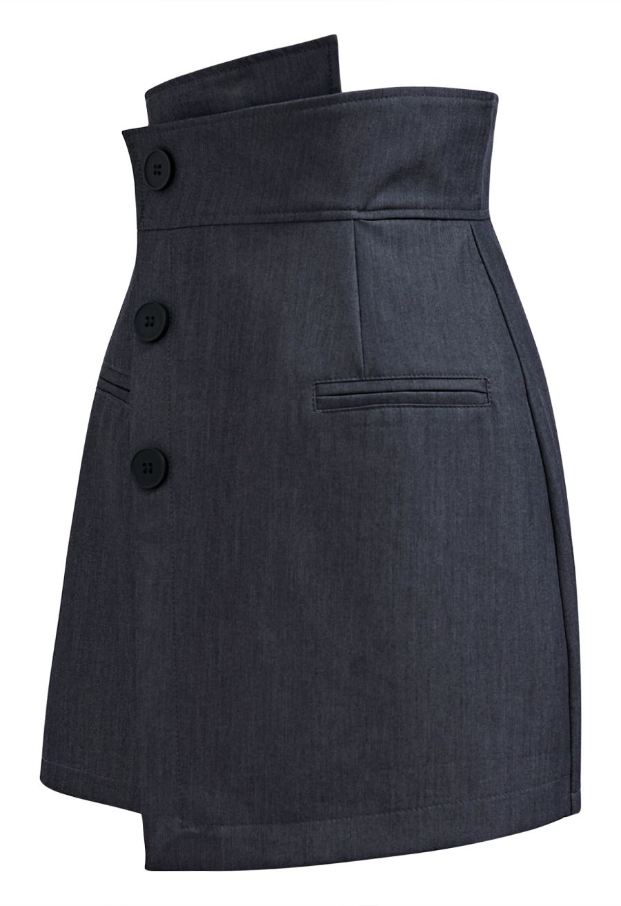 Asymmetric Buttoned Flap Mini Skirt in Smoke