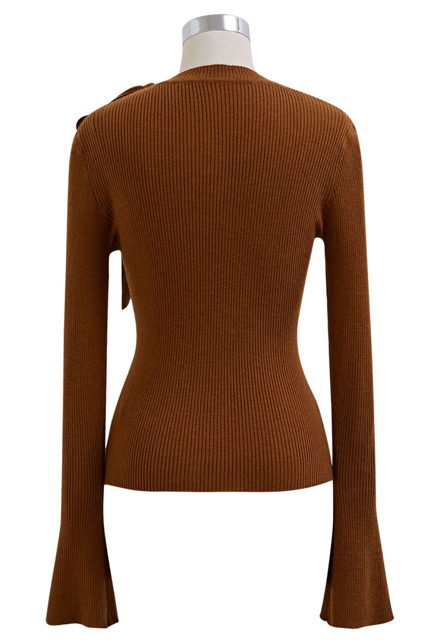 Mesh Inserted Side Bowknot Fitted Knit Top in Caramel