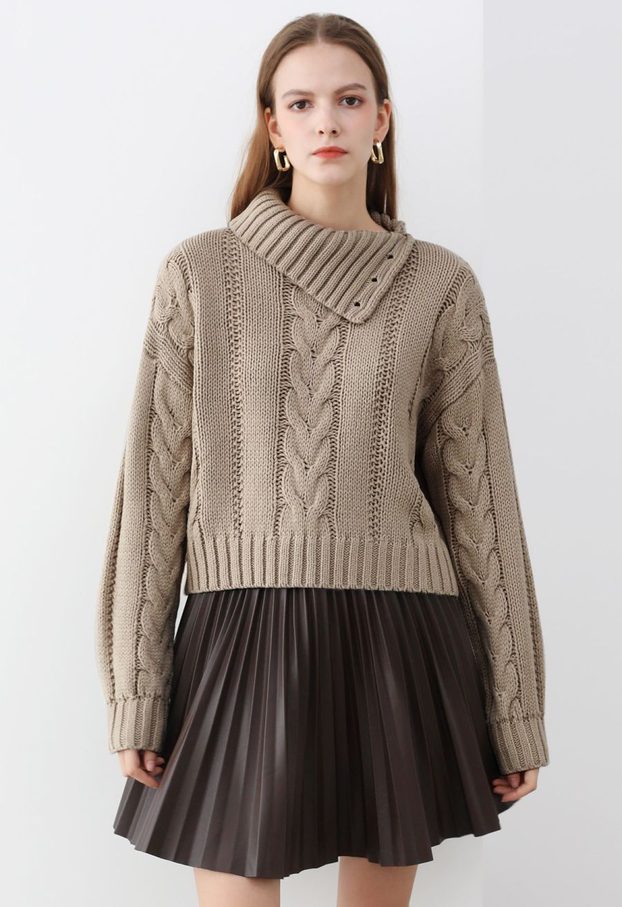 Faux Leather Pleated Mini Skirt in Brown