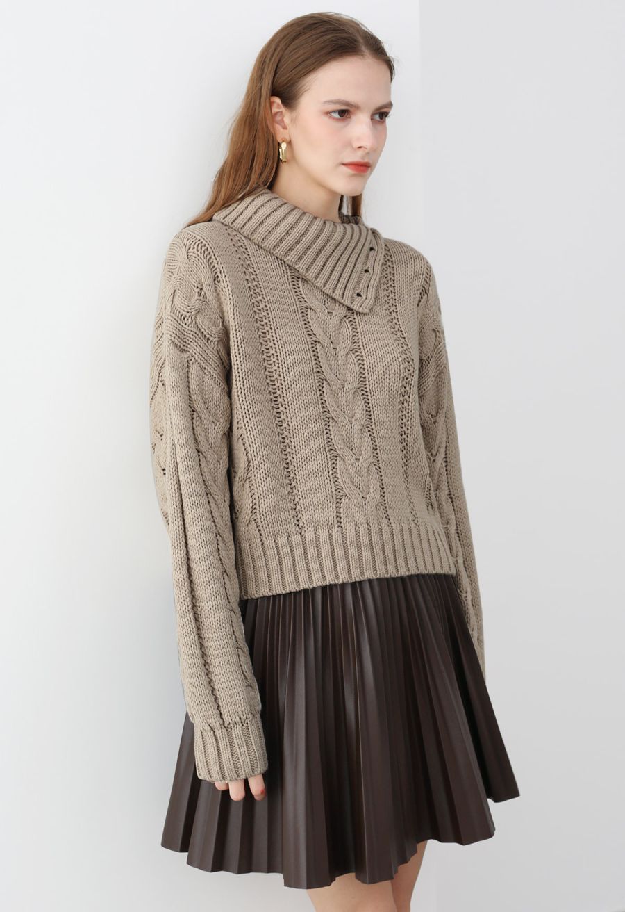 Faux Leather Pleated Mini Skirt in Brown