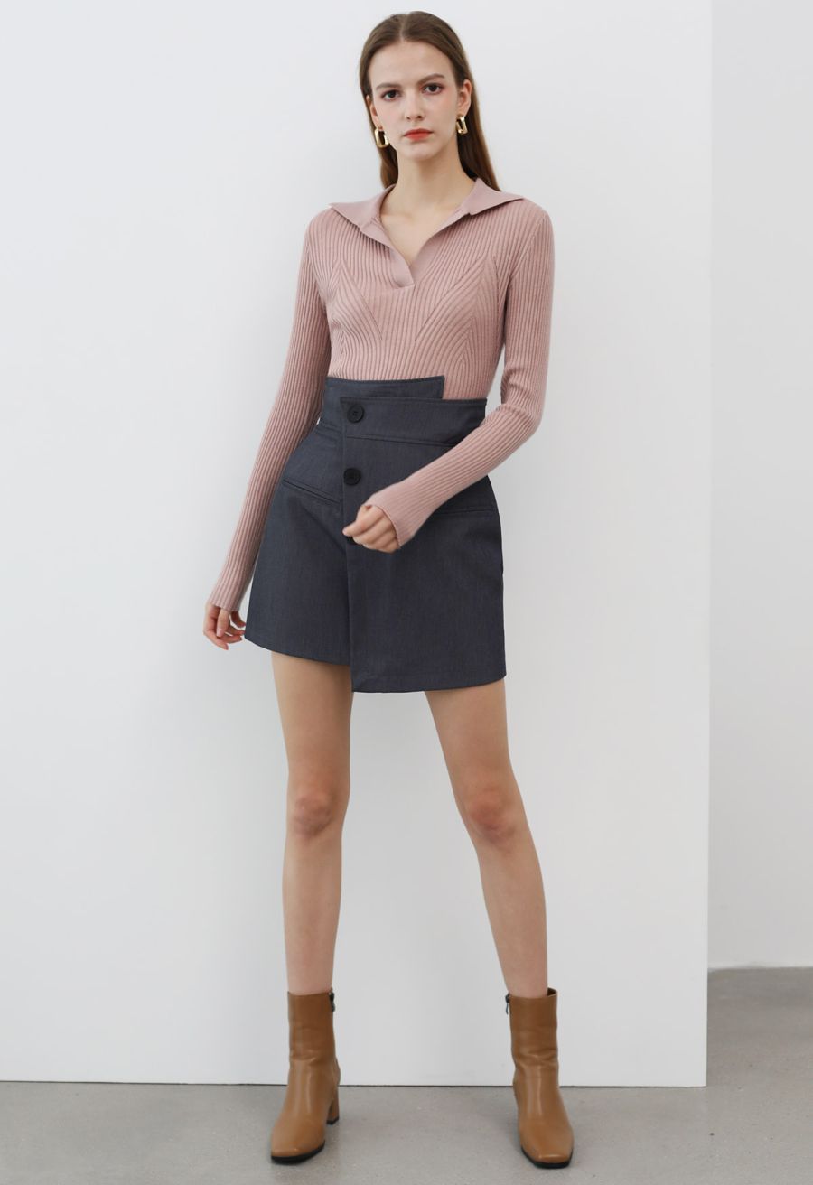Asymmetric Buttoned Flap Mini Skirt in Smoke