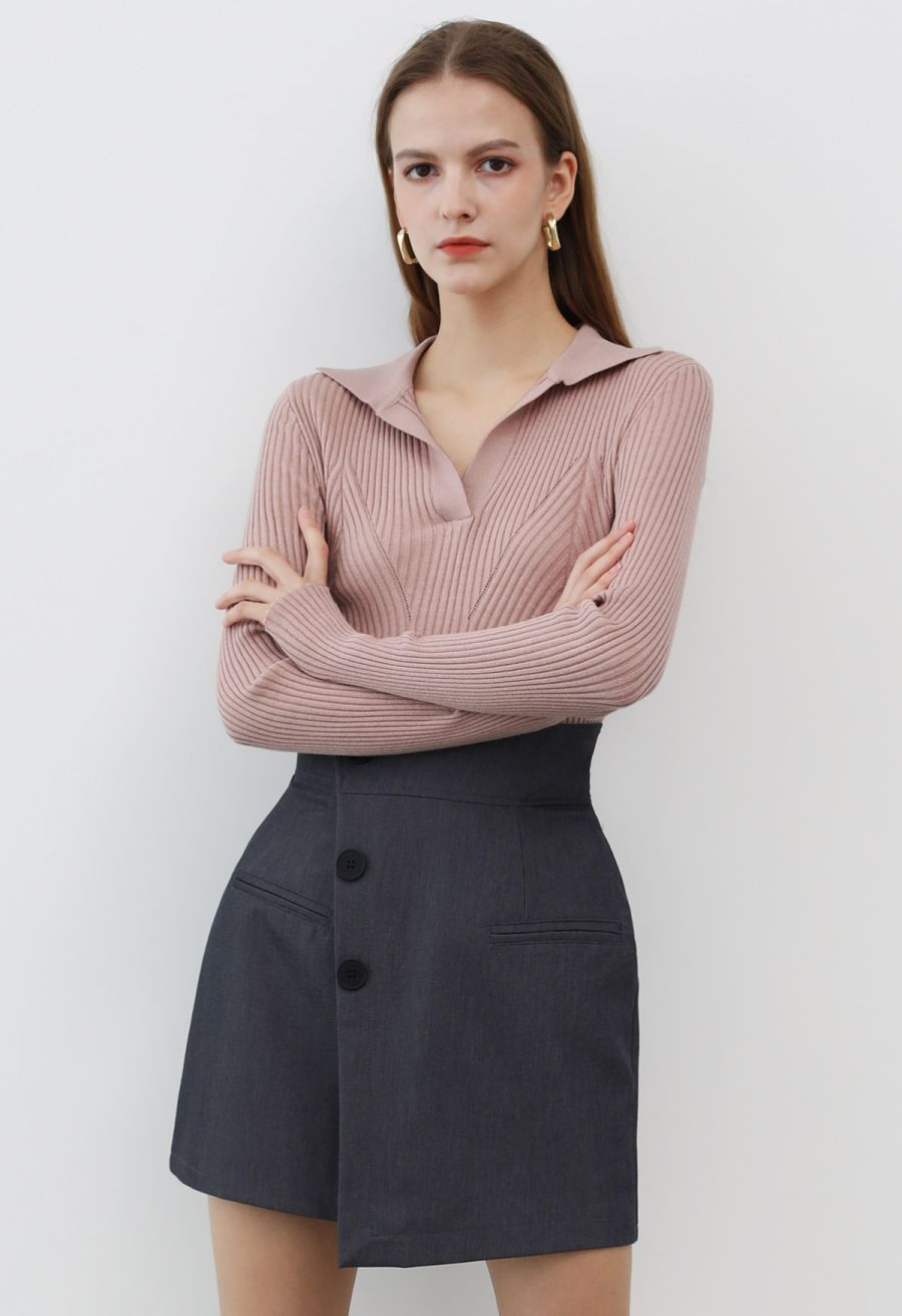 Asymmetric Buttoned Flap Mini Skirt in Smoke