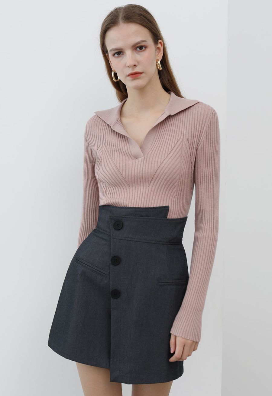 Asymmetric Buttoned Flap Mini Skirt in Smoke