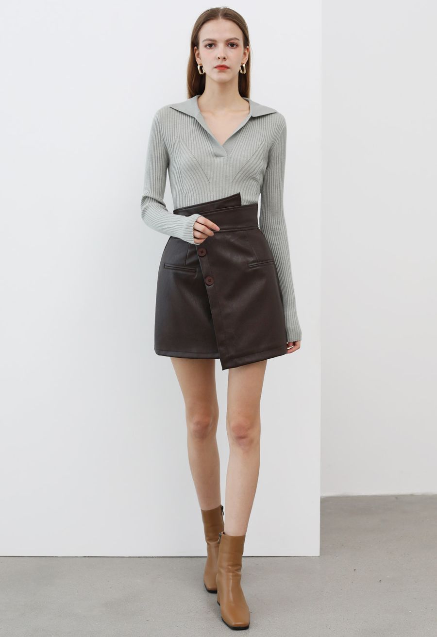 Faux Leather Asymmetric Buttoned Flap Mini Skirt in Brown