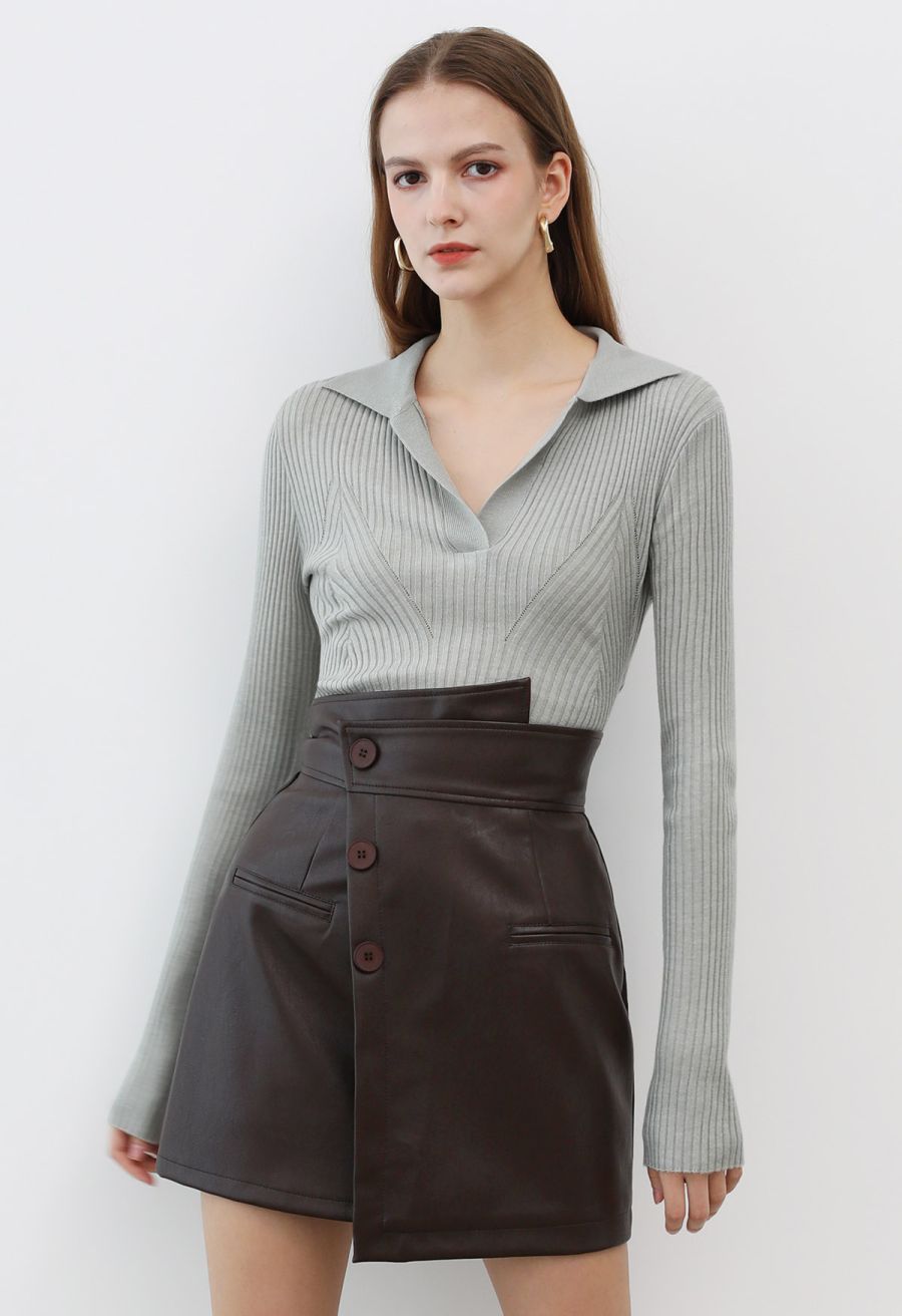 Faux Leather Asymmetric Buttoned Flap Mini Skirt in Brown