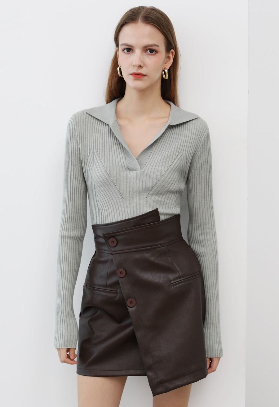 Faux Leather Asymmetric Buttoned Flap Mini Skirt in Brown
