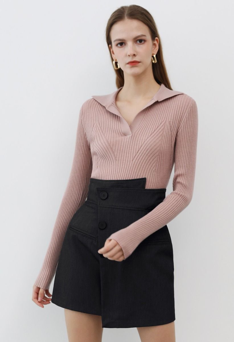 Asymmetric Buttoned Flap Mini Skirt in Black