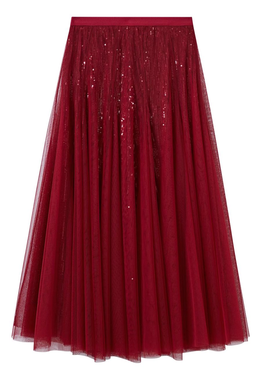 Ravishing Sequins Mesh Tulle Midi Skirt in Red