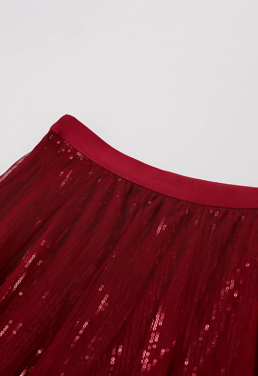 Ravishing Sequins Mesh Tulle Midi Skirt in Red