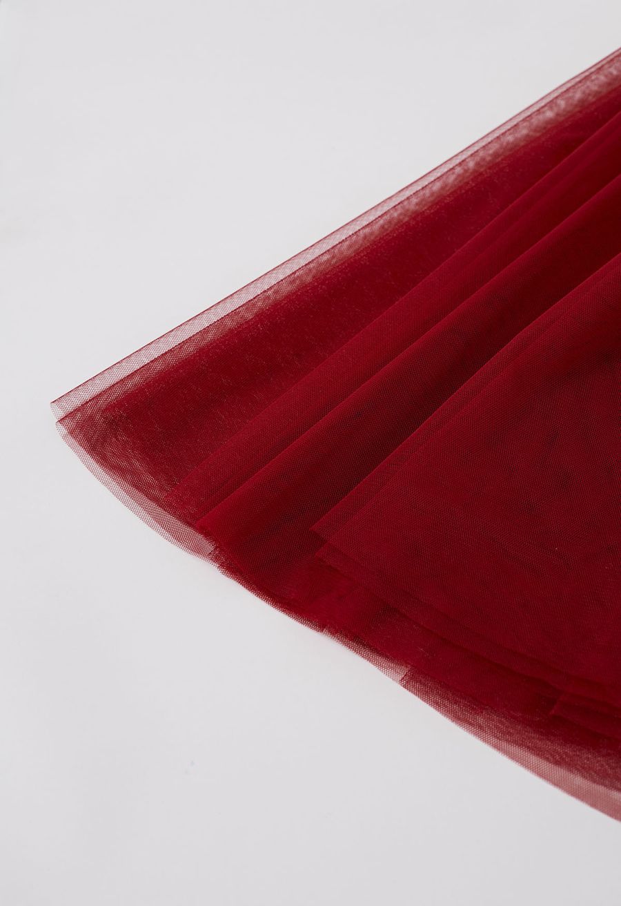 Ravishing Sequins Mesh Tulle Midi Skirt in Red