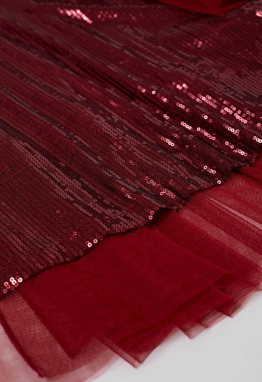 Ravishing Sequins Mesh Tulle Midi Skirt in Red