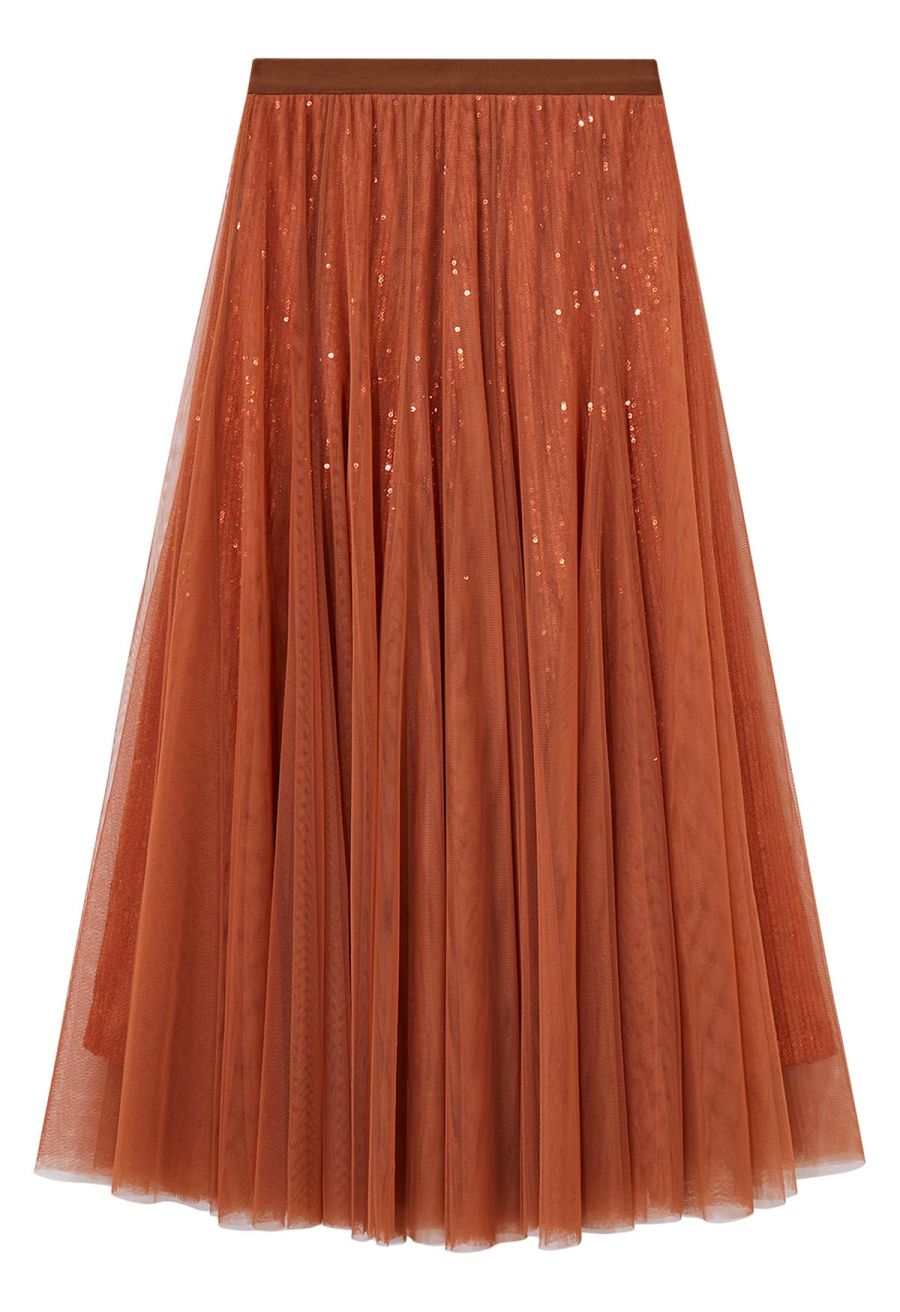 Ravishing Sequins Mesh Tulle Midi Skirt in Pumpkin