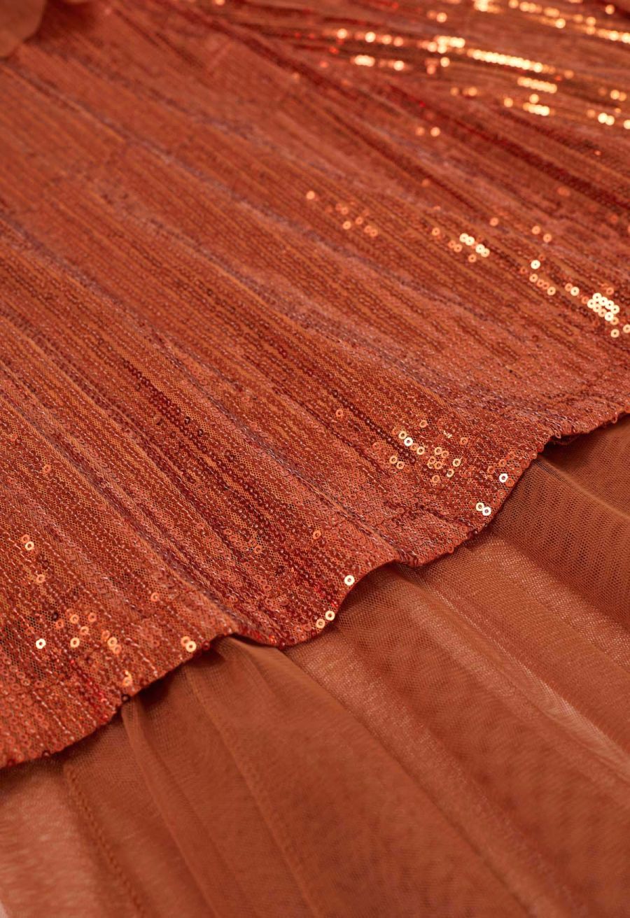 Ravishing Sequins Mesh Tulle Midi Skirt in Pumpkin