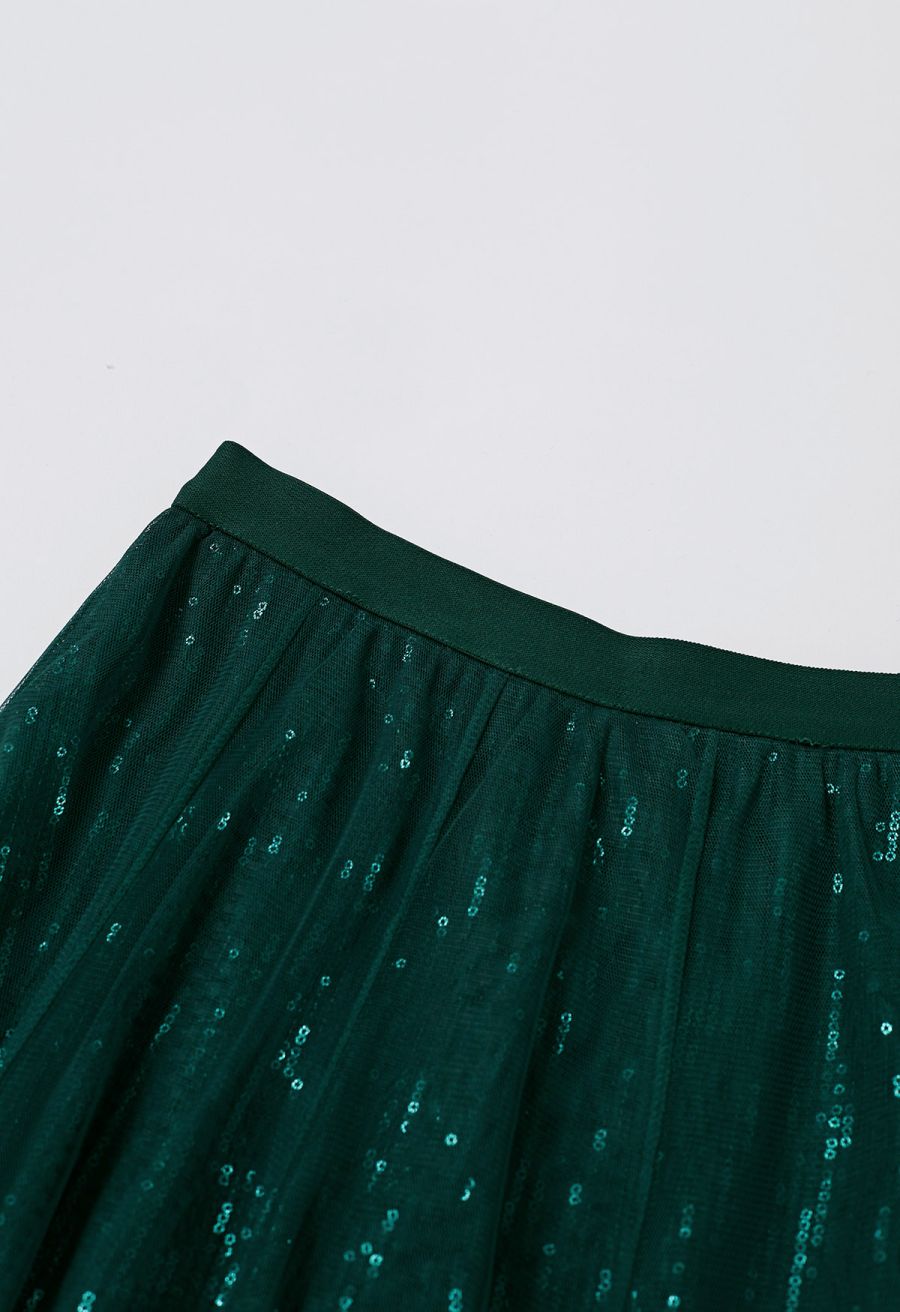 Ravishing Sequins Mesh Tulle Midi Skirt in Dark Green