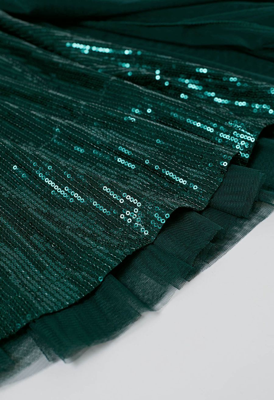 Ravishing Sequins Mesh Tulle Midi Skirt in Dark Green