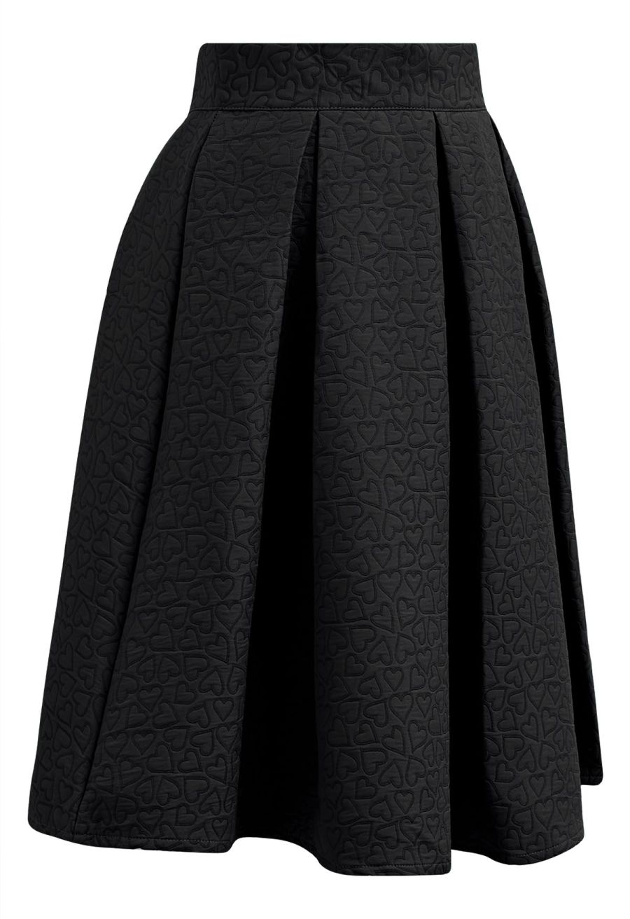Hearts Fantasy Jacquard Pleated Midi Skirt in Black