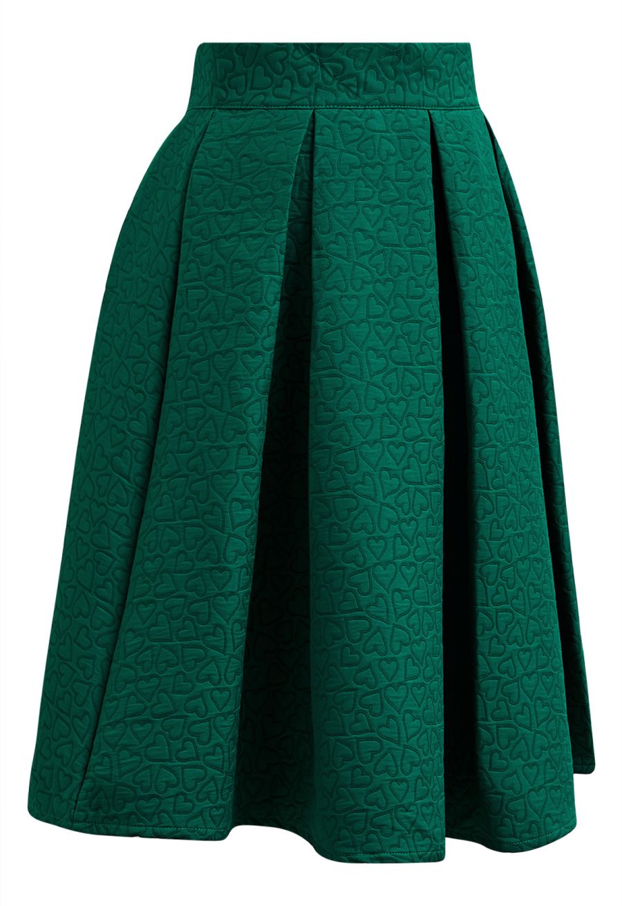 Hearts Fantasy Jacquard Pleated Midi Skirt in Dark Green
