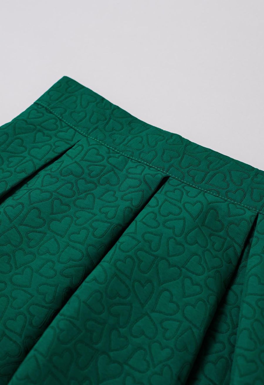 Hearts Fantasy Jacquard Pleated Midi Skirt in Dark Green