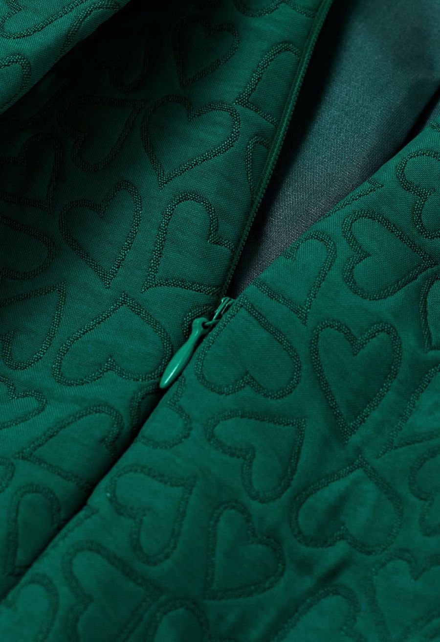 Hearts Fantasy Jacquard Pleated Midi Skirt in Dark Green