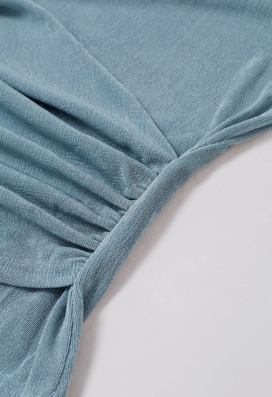 Ruched Waist Faux-Wrap Top in Dusty Blue