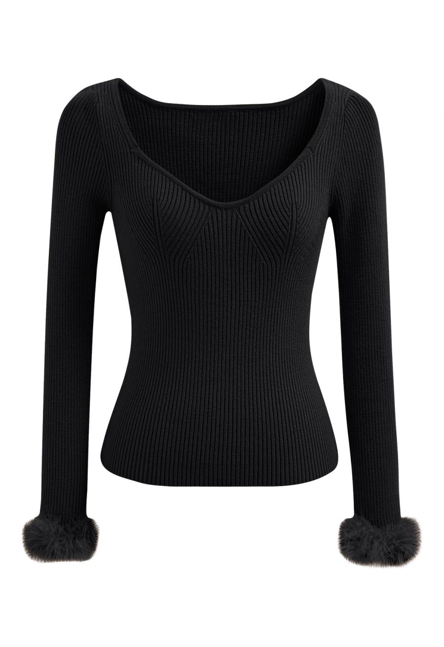 Wavy Neckline Feather Trim Cuffs Knit Top in Black