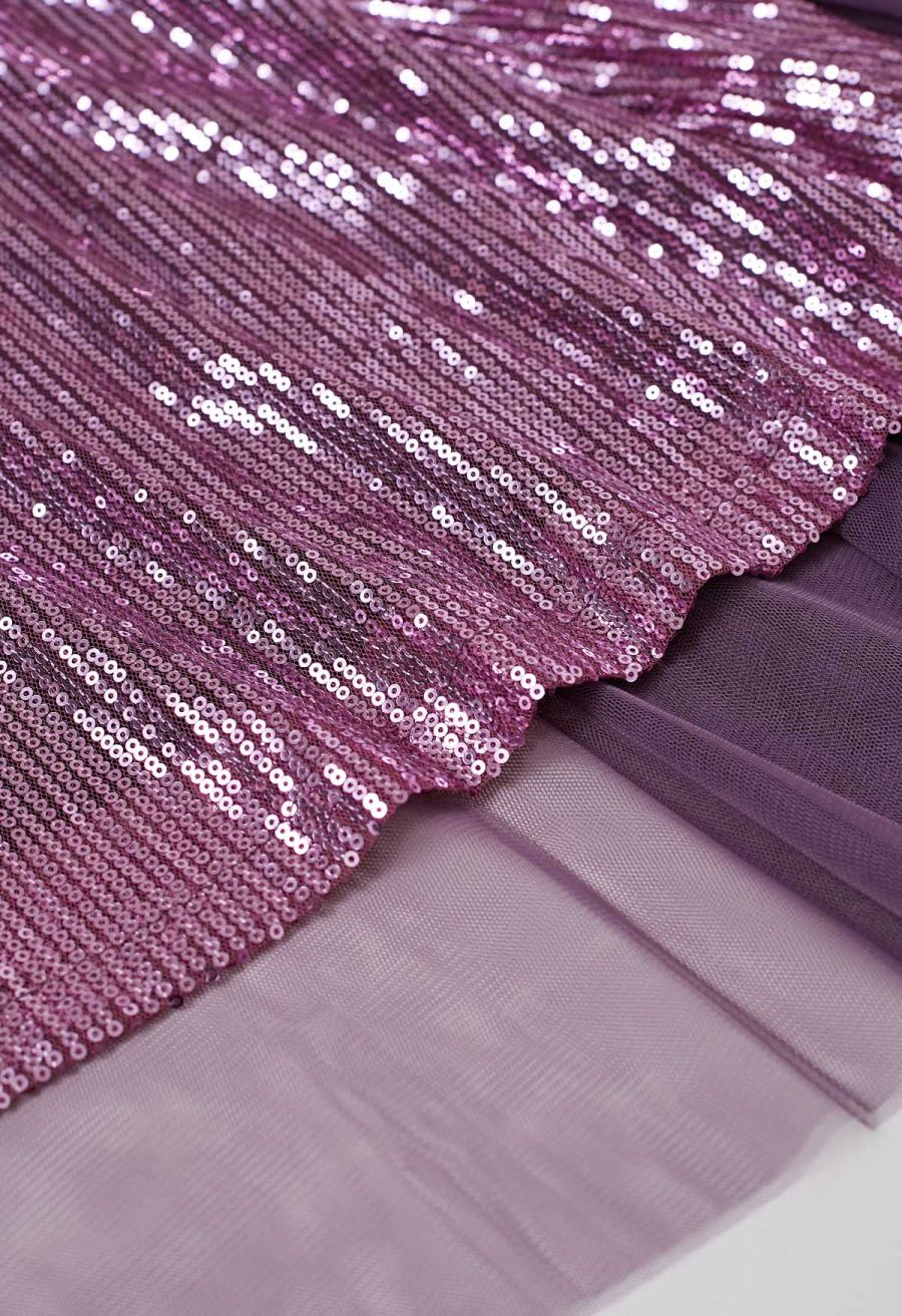 Ravishing Sequins Mesh Tulle Midi Skirt in Purple