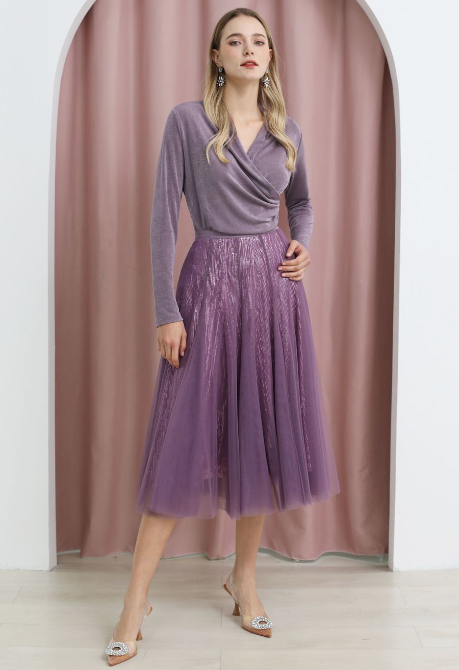 Ruched Waist Faux-Wrap Top in Lilac