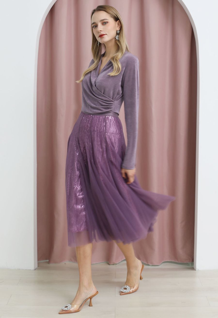 Ruched Waist Faux-Wrap Top in Lilac