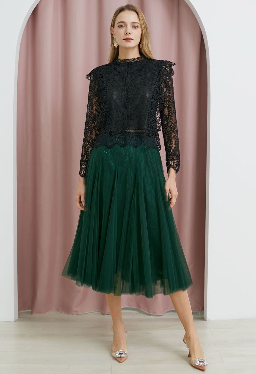 Ravishing Sequins Mesh Tulle Midi Skirt in Dark Green