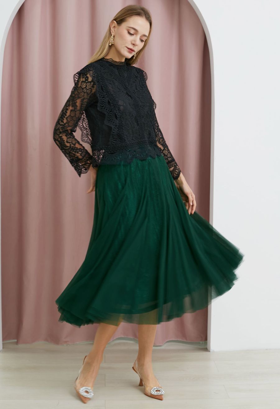 Ravishing Sequins Mesh Tulle Midi Skirt in Dark Green