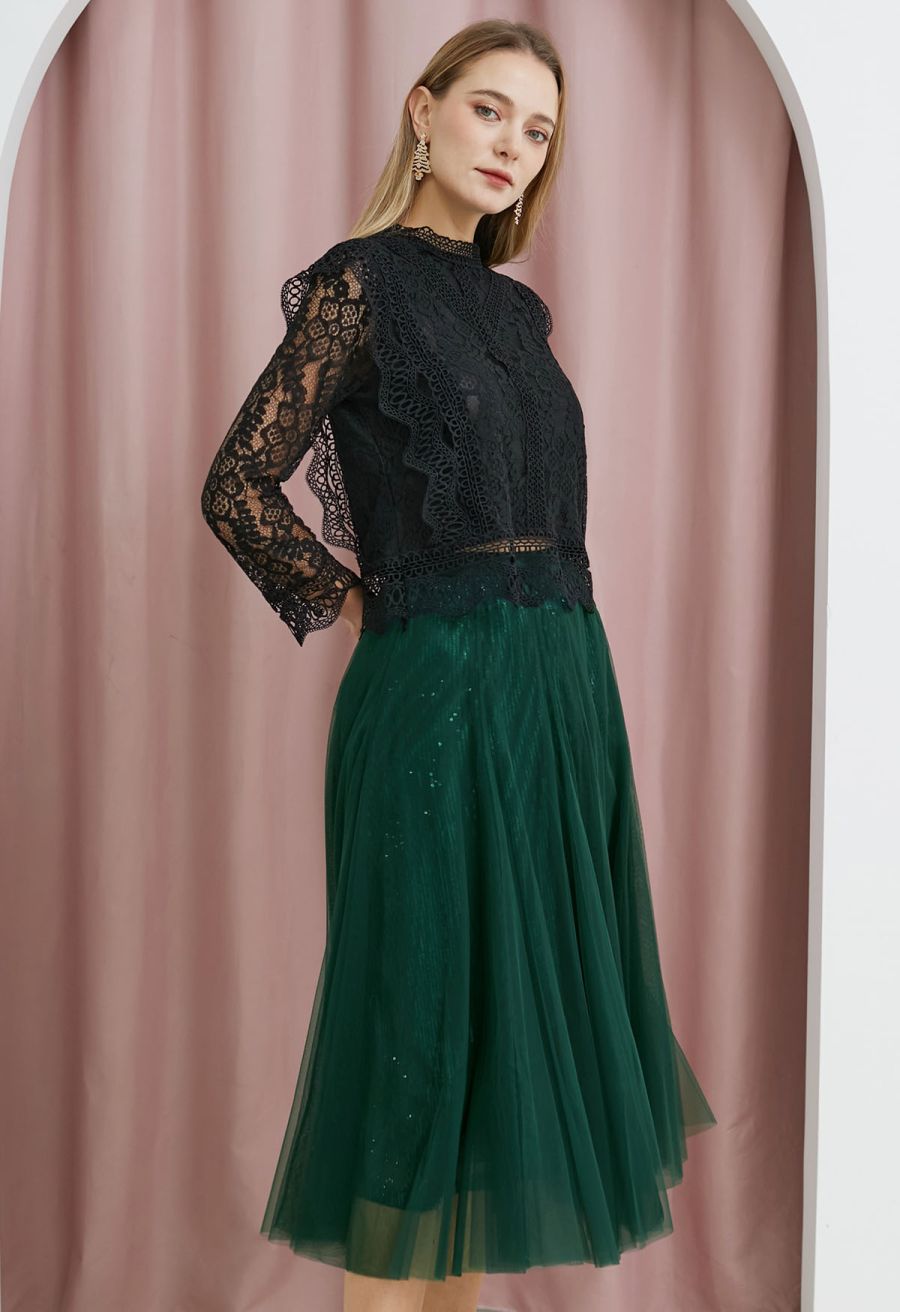 Ravishing Sequins Mesh Tulle Midi Skirt in Dark Green