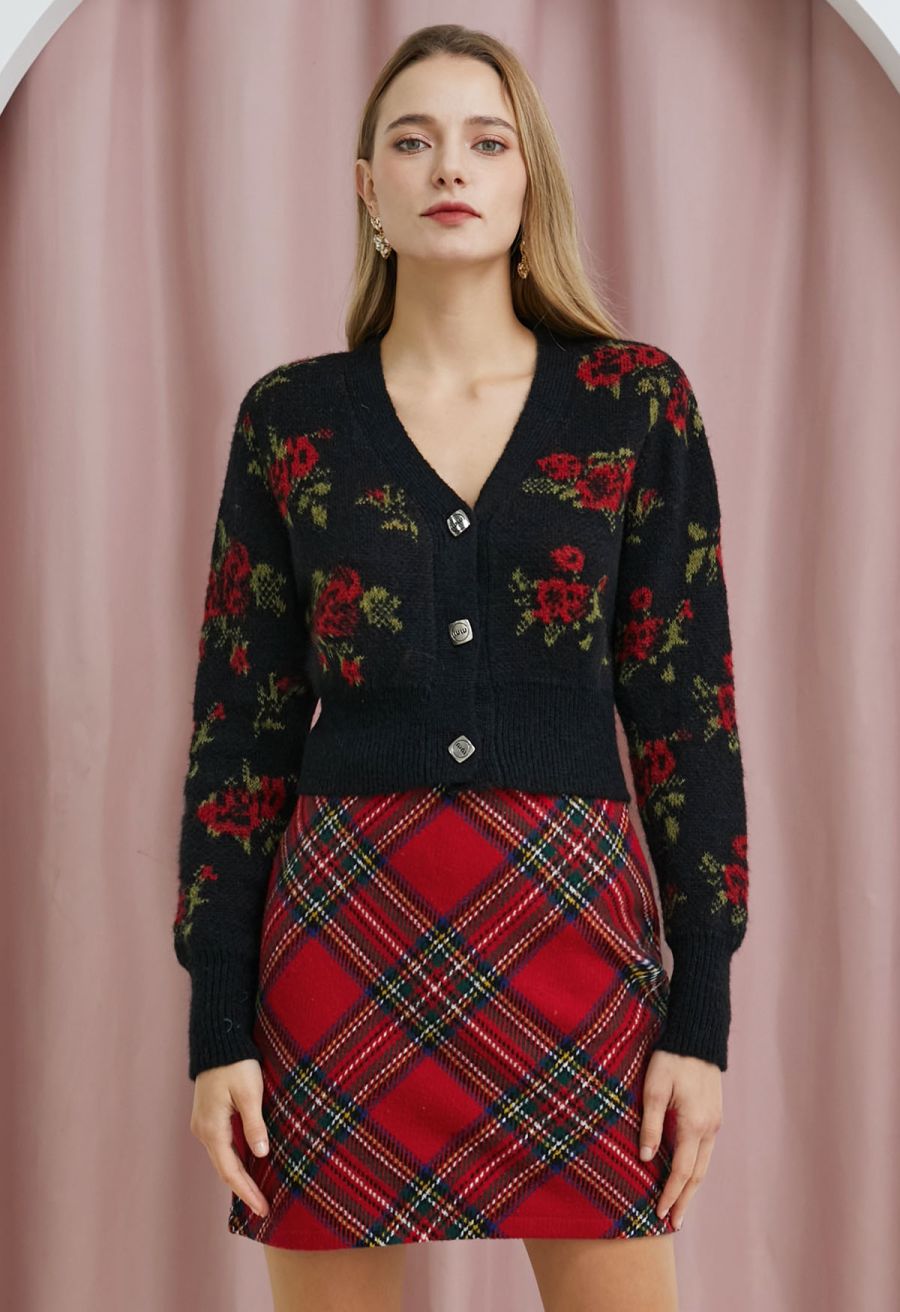 Red Tartan Wool-Blend Mini Bud Skirt