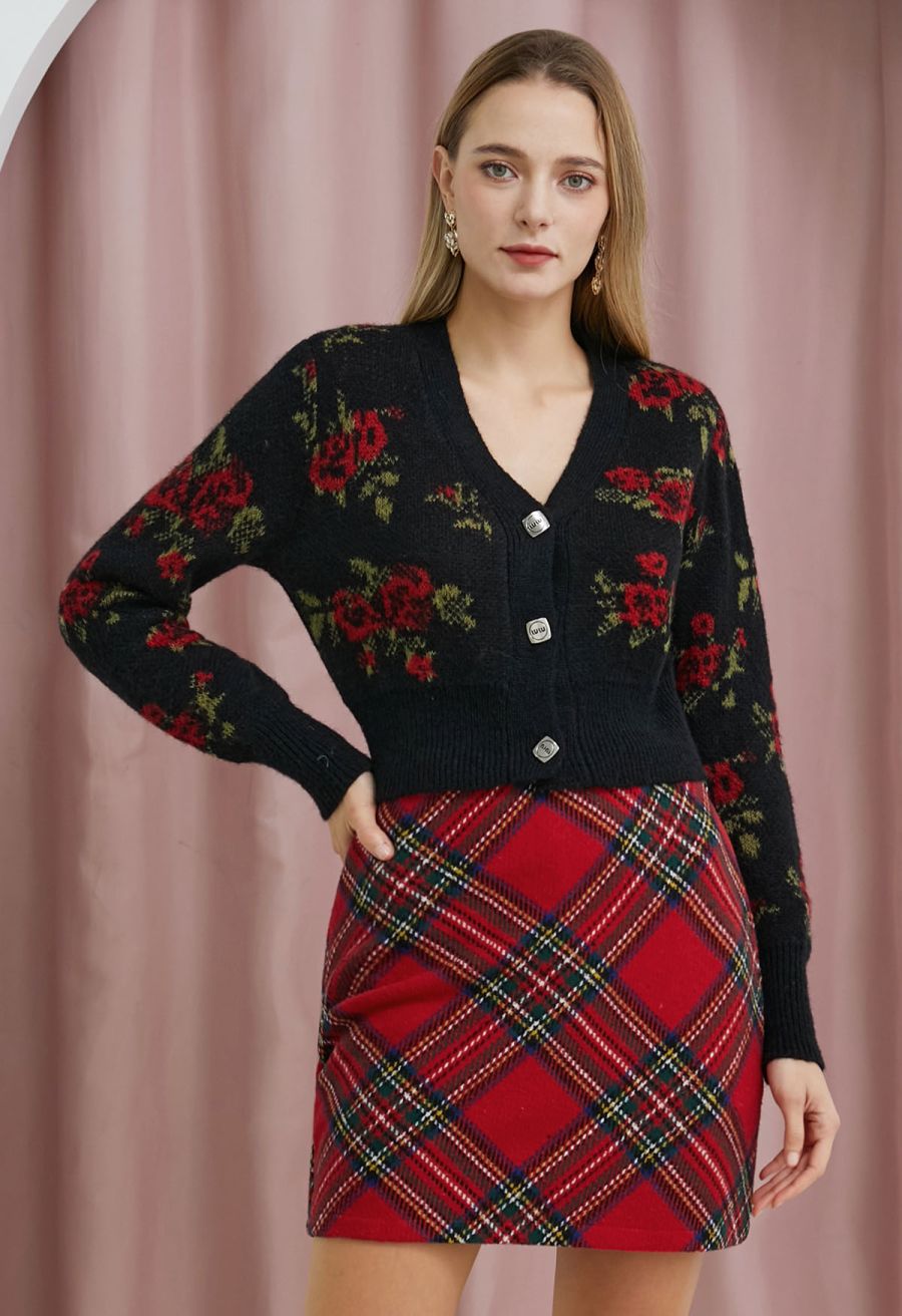 Red Tartan Wool-Blend Mini Bud Skirt