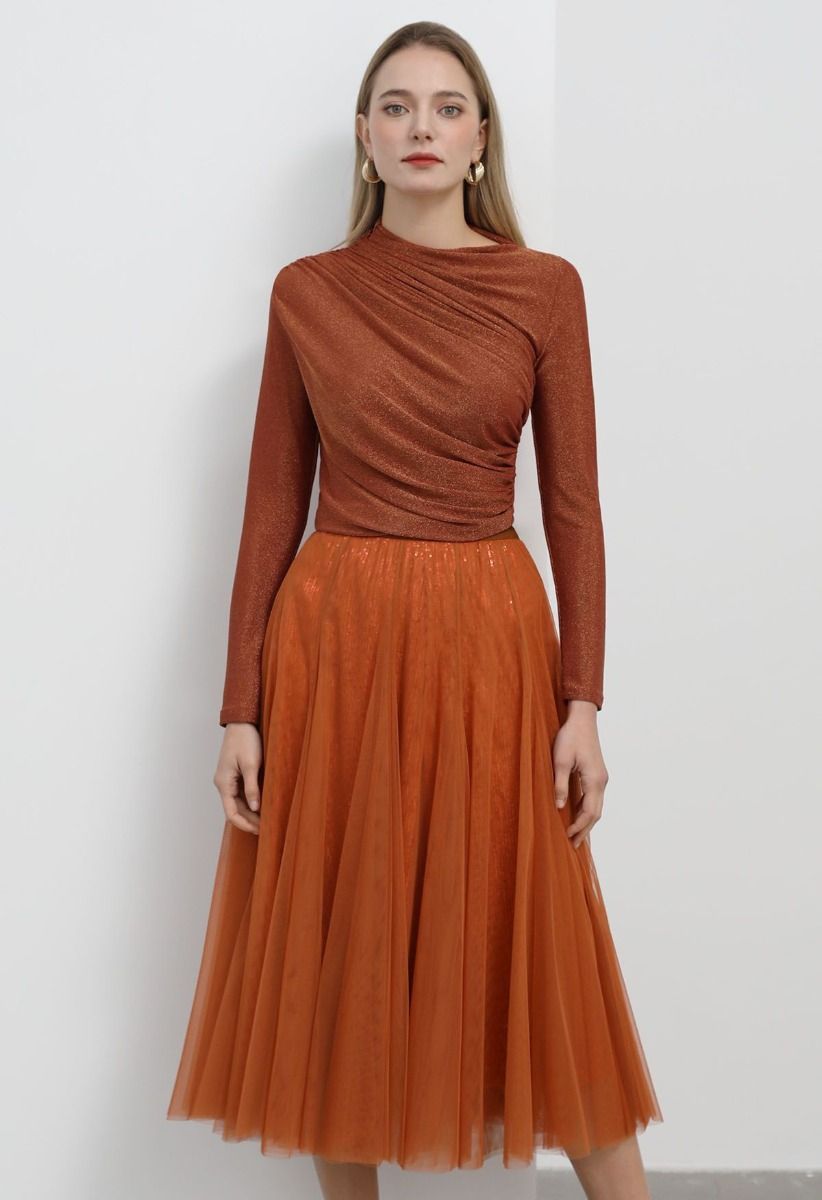 Ravishing Sequins Mesh Tulle Midi Skirt in Pumpkin