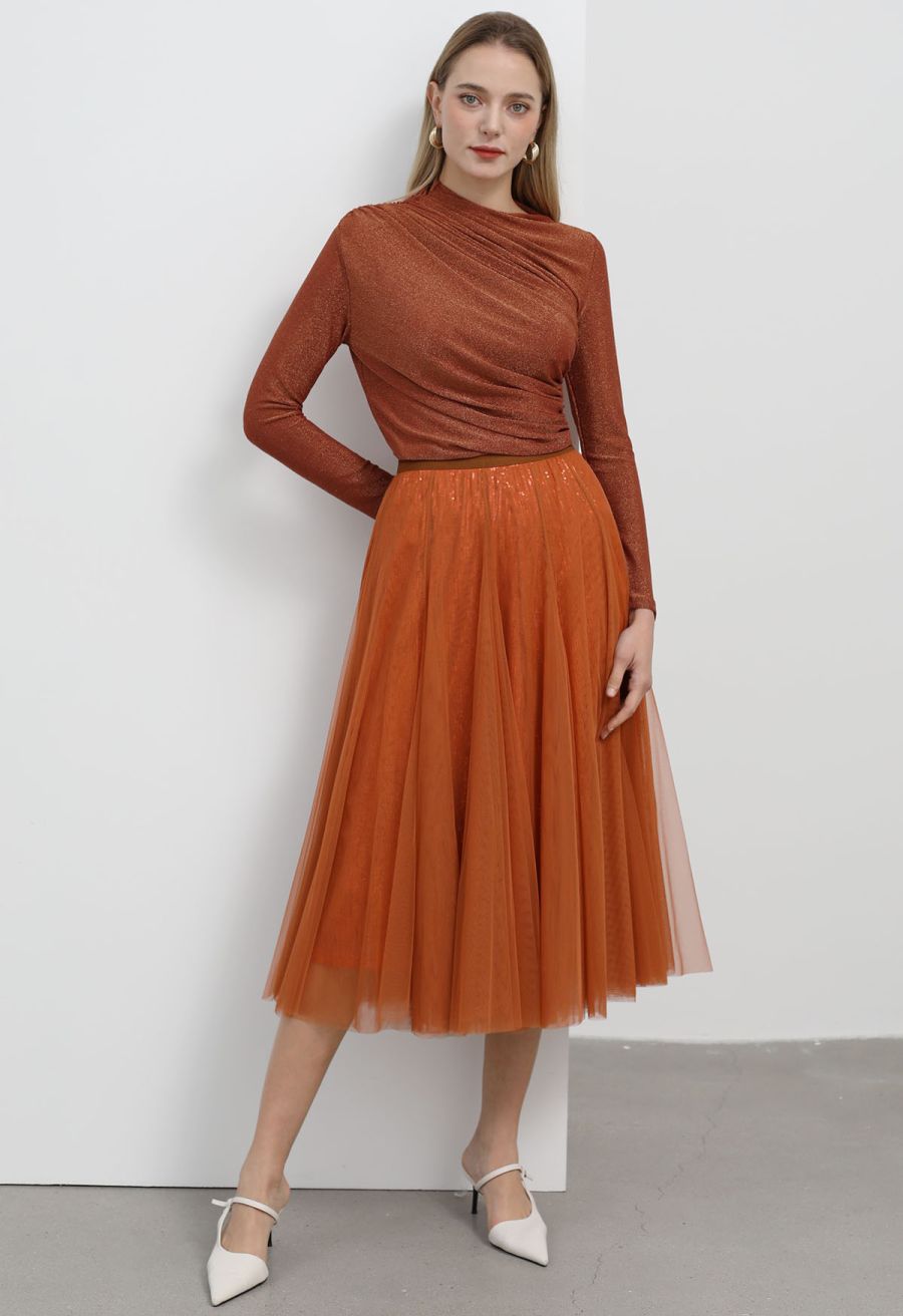 Ravishing Sequins Mesh Tulle Midi Skirt in Pumpkin