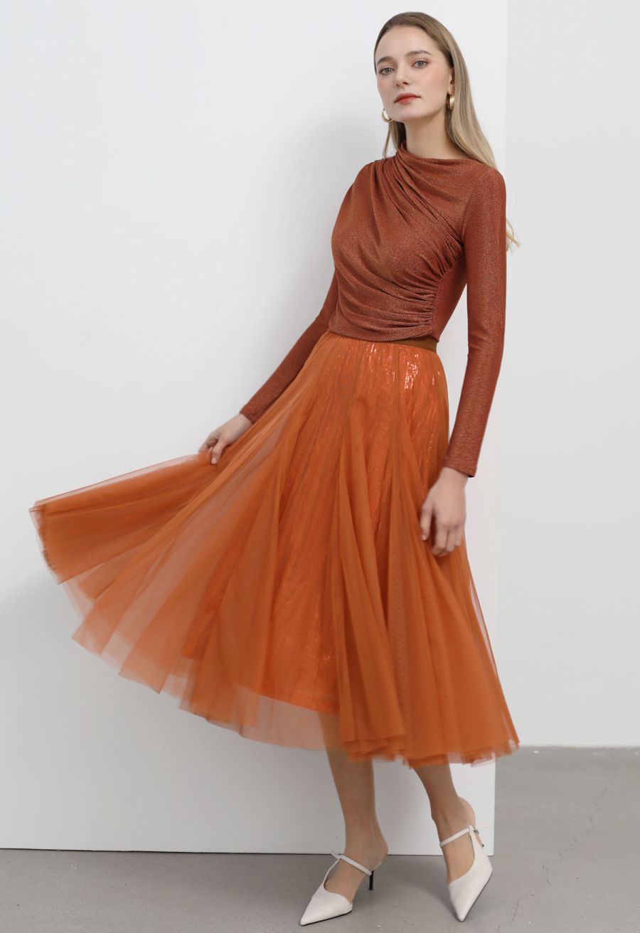 Ravishing Sequins Mesh Tulle Midi Skirt in Pumpkin
